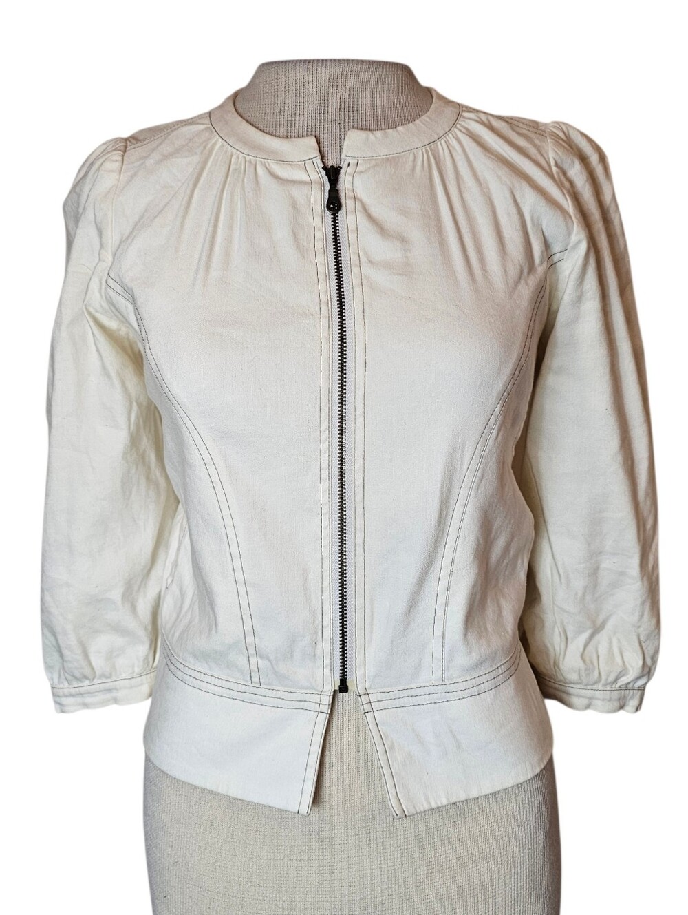 Smythe Linen Crop Fall Jacket Size 2 Off-White Peplum Bomber Minimalist Luxury
